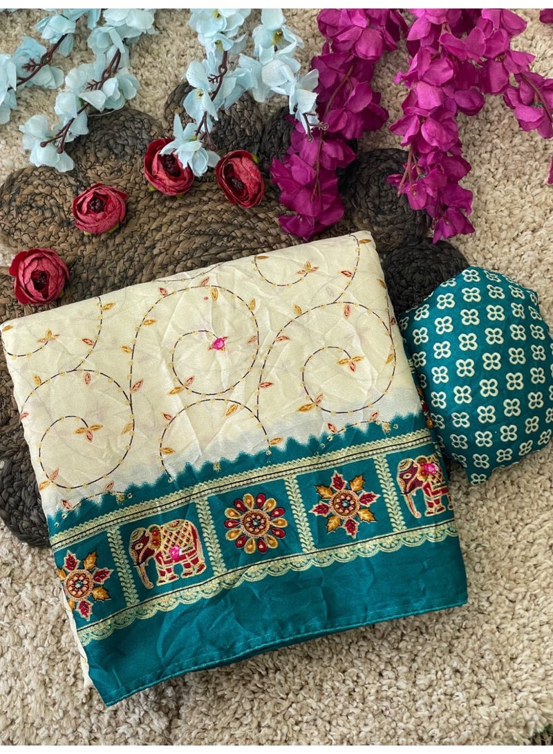 Bandhani Print Saree with Mirror Work and Gold Print - Image 3