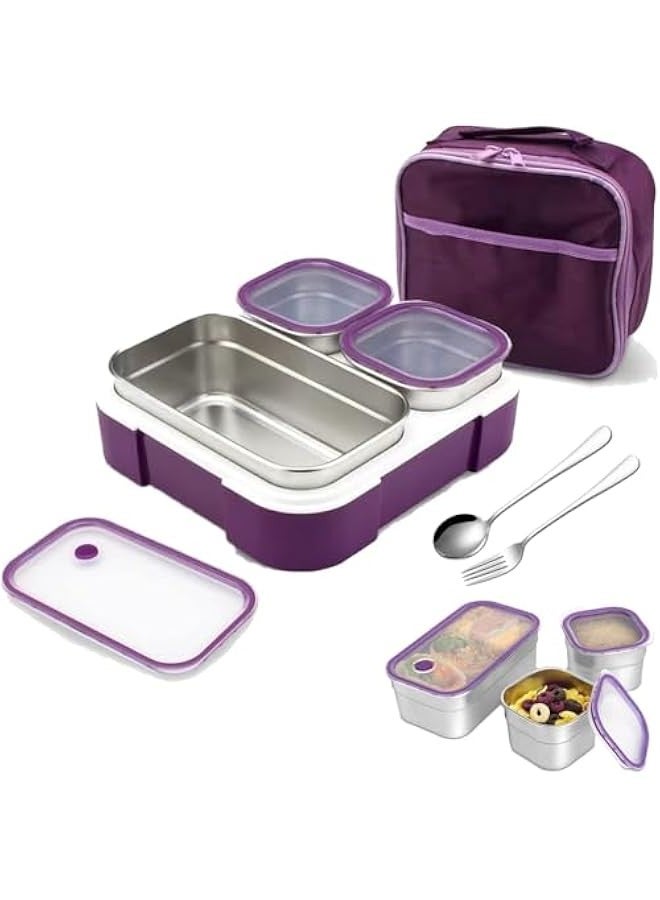 تراسل صندوق غداء بينتو معزول من الستانلس ستيل سعة 720 مل مع ادوات مائدة وشنطة من سترايلف، حاويات طعام مقسمة بـ3 اقسام مع اغطية، للاطفال والبالغين - Image 1