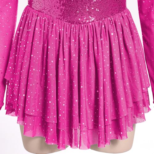 AFAVOM Sequin Figure Skating Dress for Women Girls Long Sleeve Mesh Rhinestone Ice Skating Dress Glitter Asymmetrical Chiffon Skirt Shiny Ballet Lyrical Costume for Competition Performance Hot Pink XL - Image 5