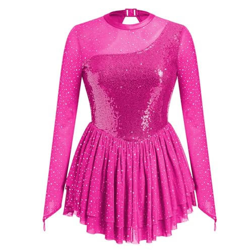 AFAVOM Sequin Figure Skating Dress for Women Girls Long Sleeve Mesh Rhinestone Ice Skating Dress Glitter Asymmetrical Chiffon Skirt Shiny Ballet Lyrical Costume for Competition Performance Hot Pink XL - Image 3