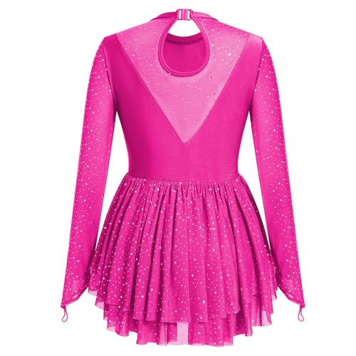 AFAVOM Sequin Figure Skating Dress for Women Girls Long Sleeve Mesh Rhinestone Ice Skating Dress Glitter Asymmetrical Chiffon Skirt Shiny Ballet Lyrical Costume for Competition Performance Hot Pink XL - Image 4