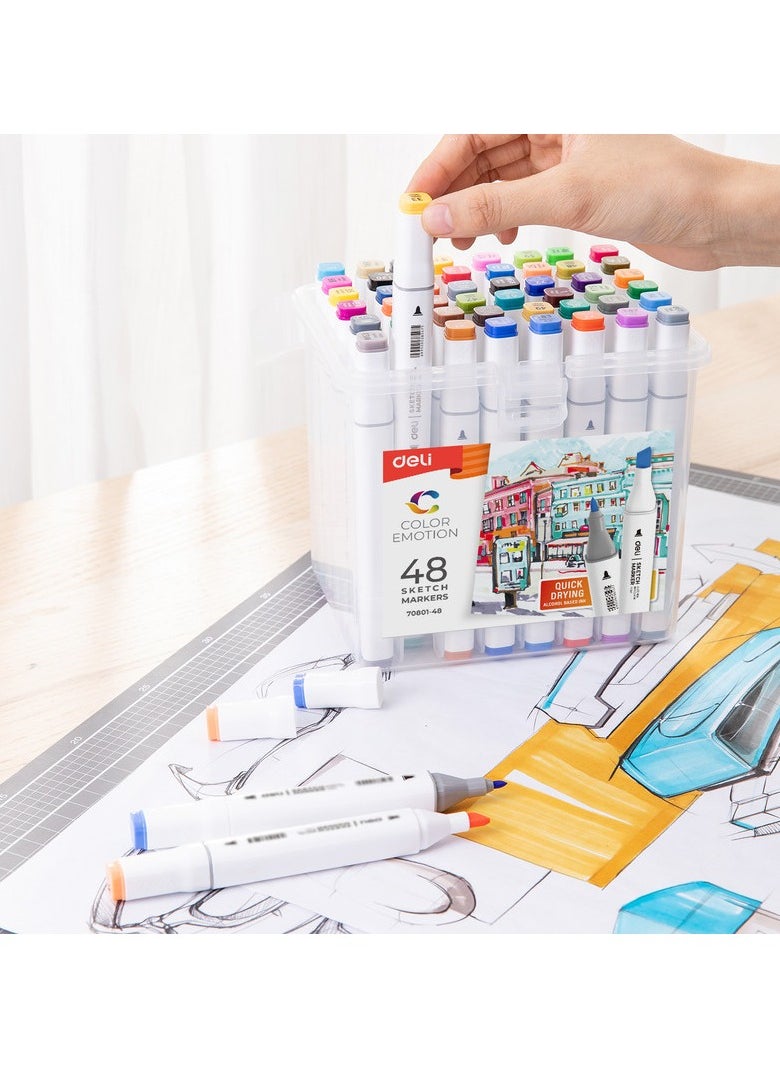 Deli Deli E70801-48 COLOR EMOTION 48-Color Art Sketch Markers - Dual Tip, Square Barrel Design - Professional Art Markers for Drawing, Illustration & Design (48PCS/PP Box)  - Image 2