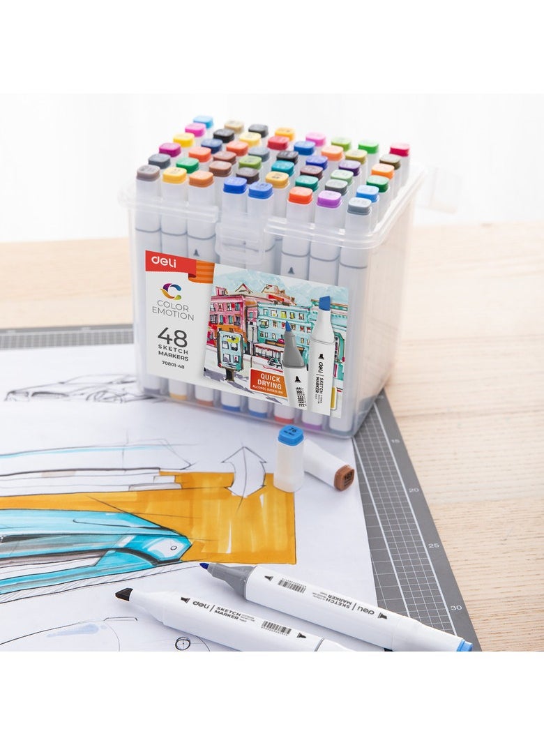 Deli Deli E70801-48 COLOR EMOTION 48-Color Art Sketch Markers - Dual Tip, Square Barrel Design - Professional Art Markers for Drawing, Illustration & Design (48PCS/PP Box)  - Image 3