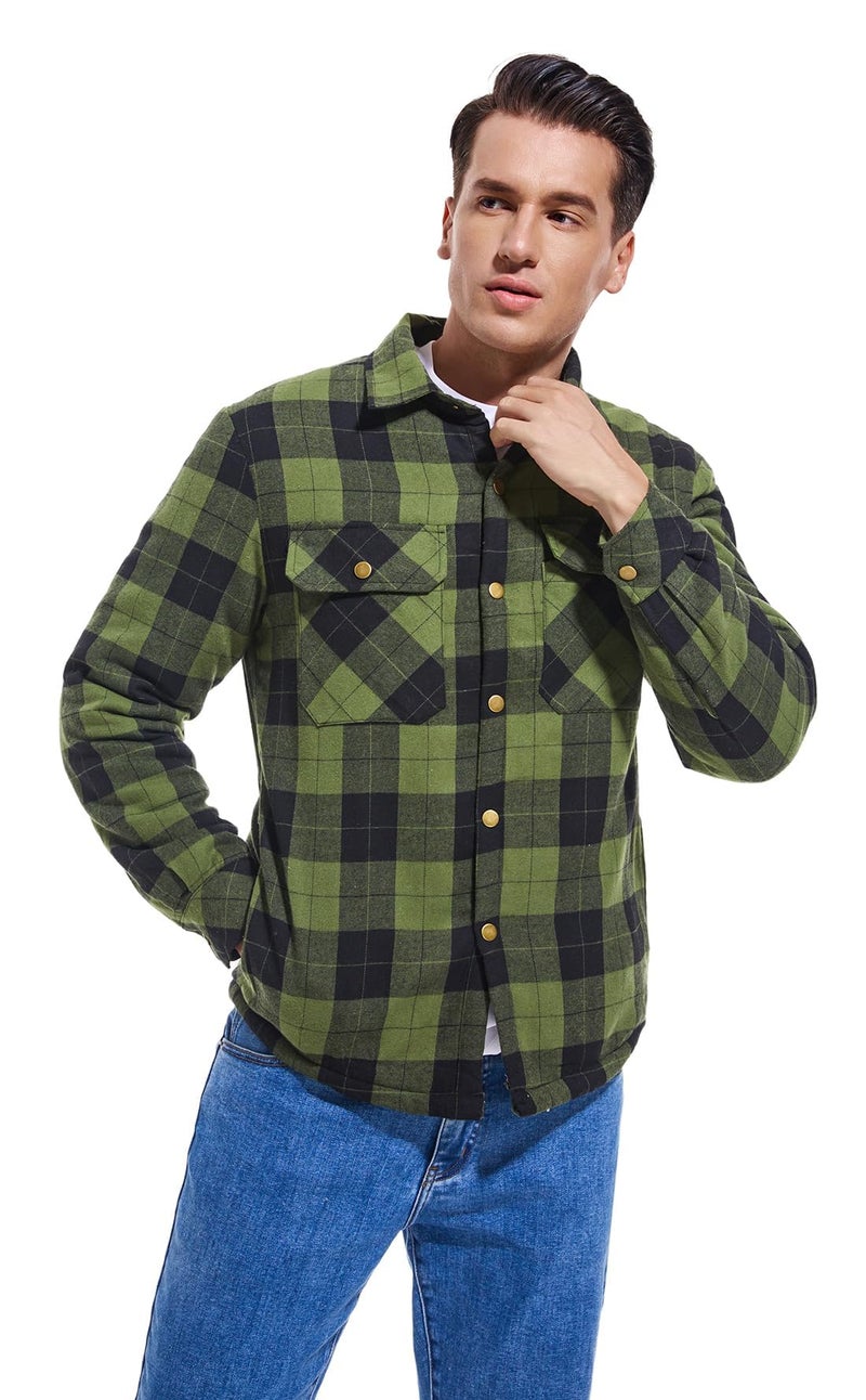 Puwasa Men's Flannel Jackets Sherpa Lined Side Pocket Shirt Jacket Plaid Button Up Camp Night Coat with Pocket Army Green Medium - Image 4
