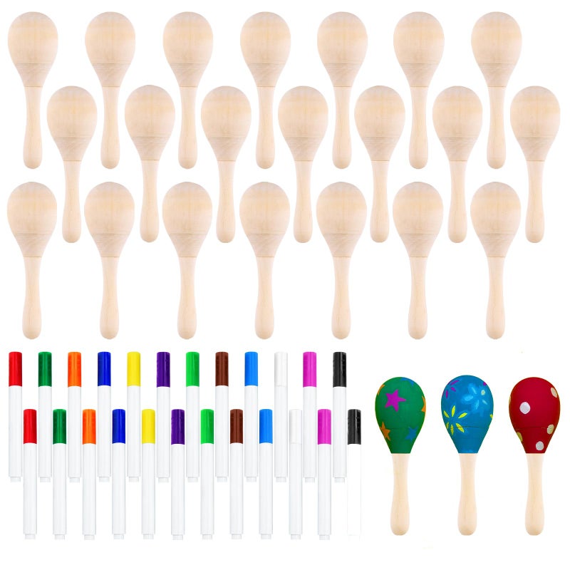 Morcheiong 24Pcs DIY Mini Wooden Maracas for Kids with 24Pcs Multicolor Pens Fiesta Mexican Maracas Favors Cinco De Mayo Party Supplies Decorations