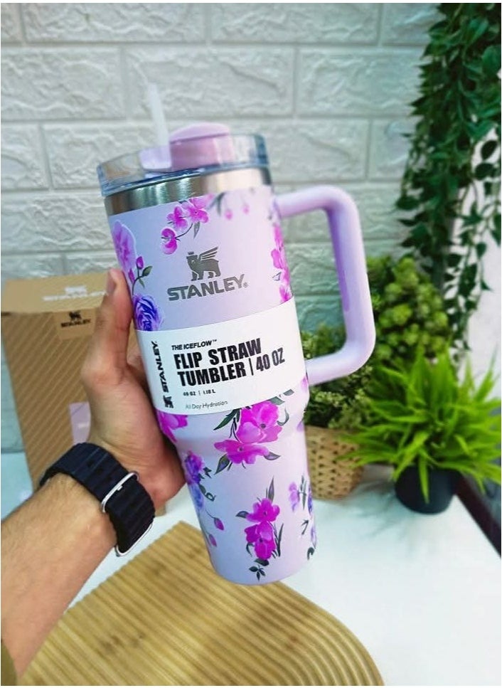 Stanley Quencher H2.0 FlowState™ 40oz Stainless Steel Floral Design Tumbler with Reusable Straw and 3-Position Leak-Resistant Lid | Double-Wall Vacuum Insulated Travel Cup Keeps Drinks Cold for 40 Hours or Hot for 7 | BPA-Free, Dishwasher Safe, Eco-Friendly Hydration for Work, Gym & Outdoors