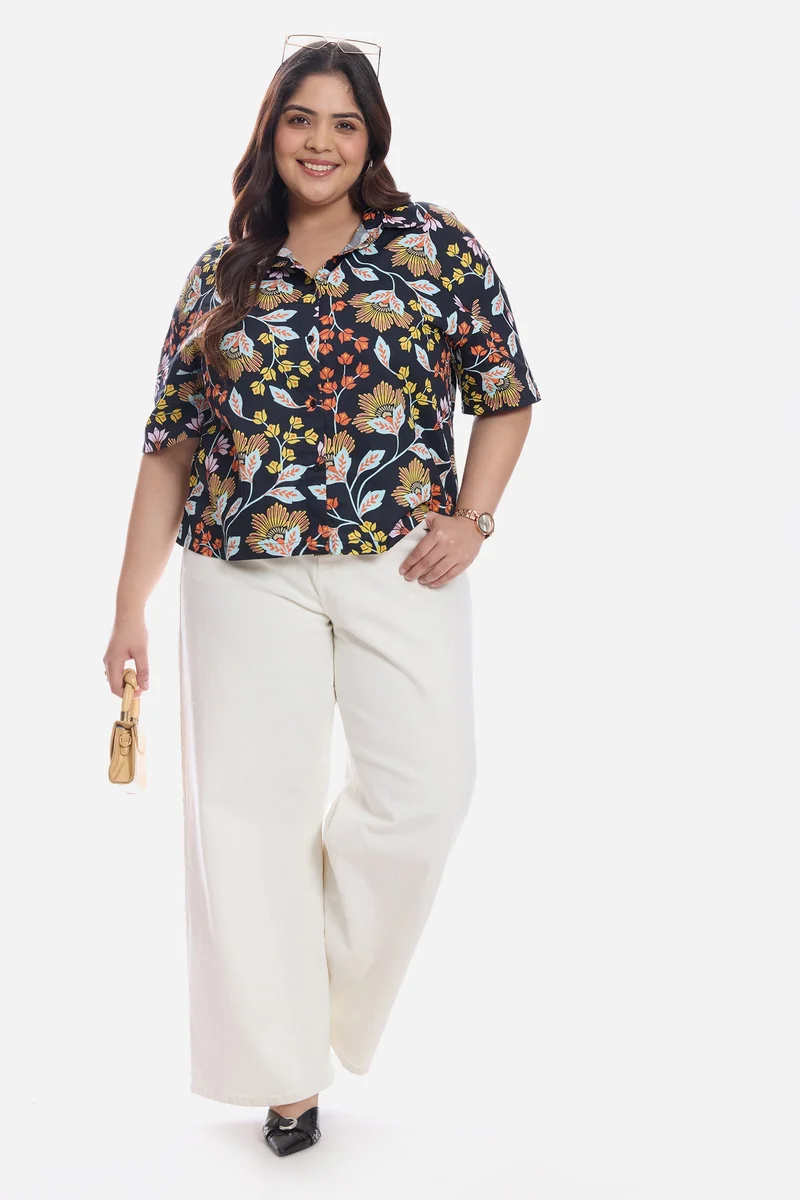 Virgio Floral Cotton Relaxed Boxy Fit Cropped Plus Size Shirt for Women