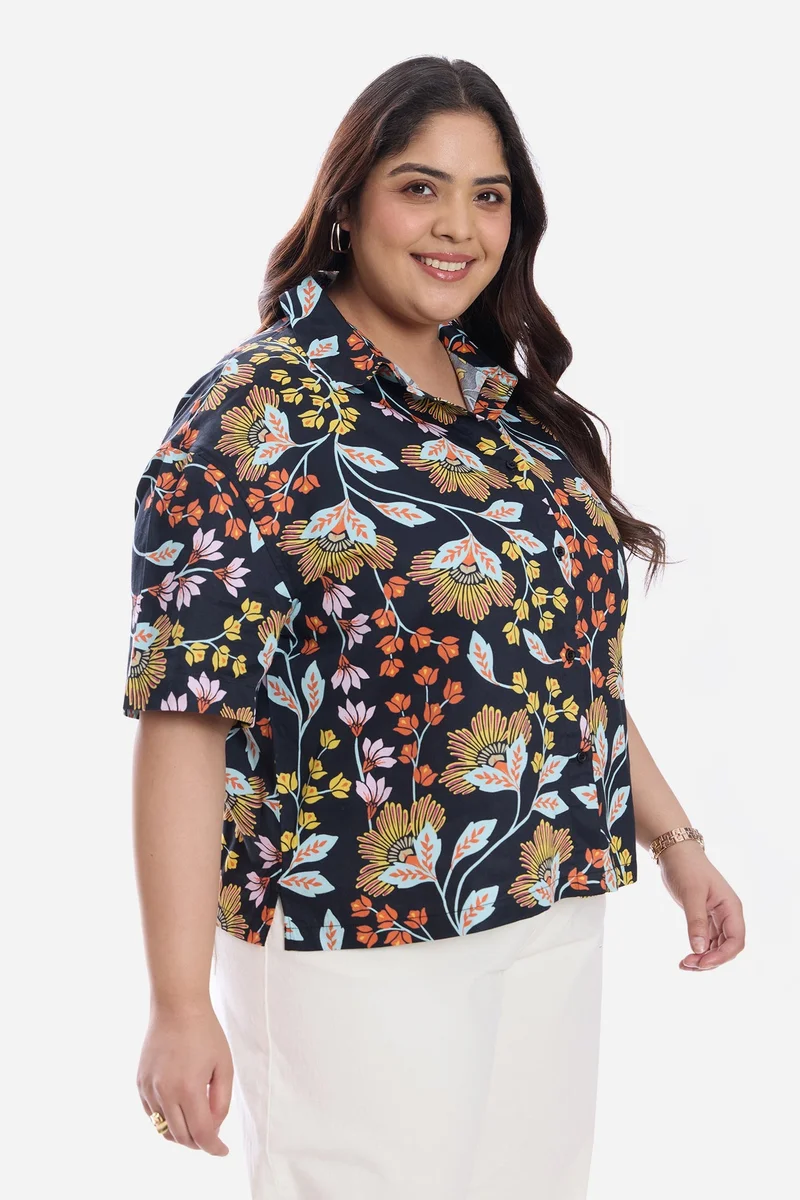 Virgio  Floral Cotton Relaxed Boxy Fit Cropped Plus Size Shirt for Women for Women | Best Price UAE