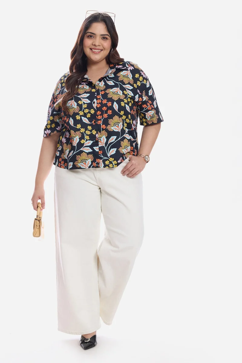 Virgio Floral Cotton Relaxed Boxy Fit Cropped Plus Size Shirt for Women