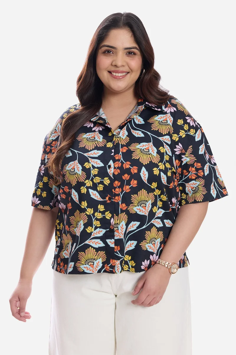 Virgio Floral Cotton Relaxed Boxy Fit Cropped Plus Size Shirt for Women
