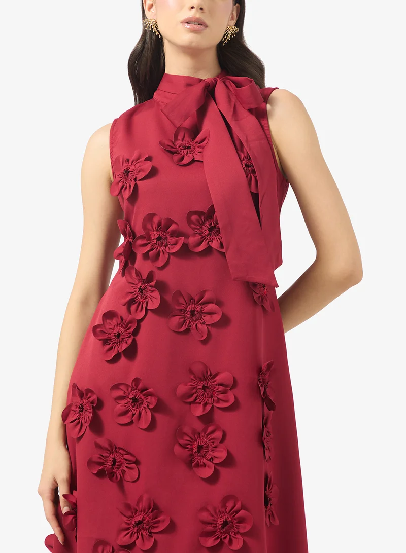 Ginger Boutique Mock Neck 3D Floral Applique A Line Dress