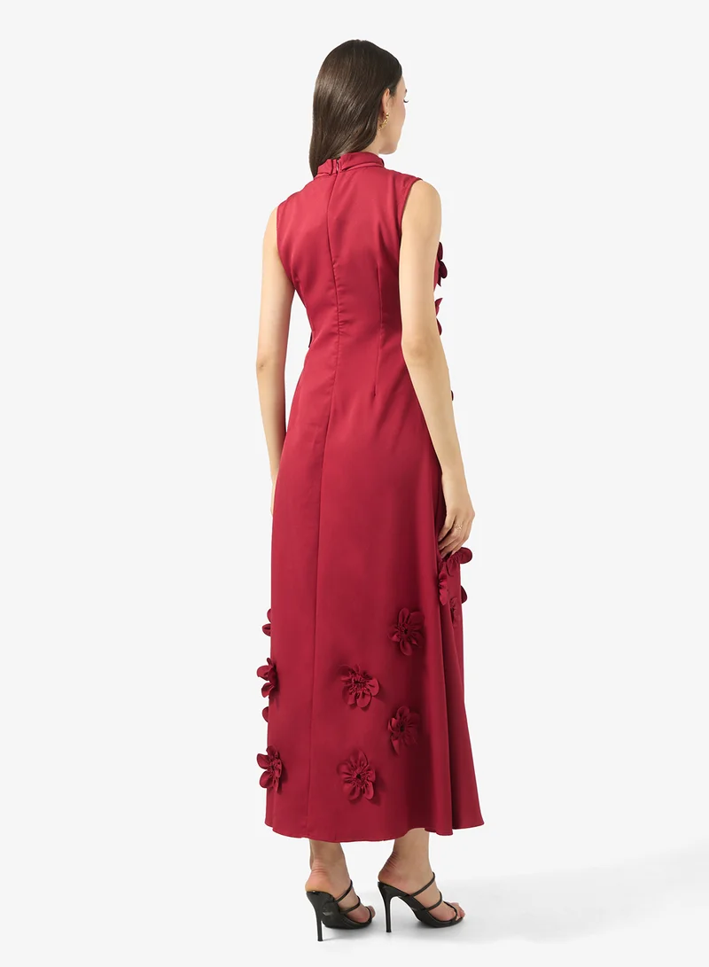 Ginger Boutique Mock Neck 3D Floral Applique A Line Dress
