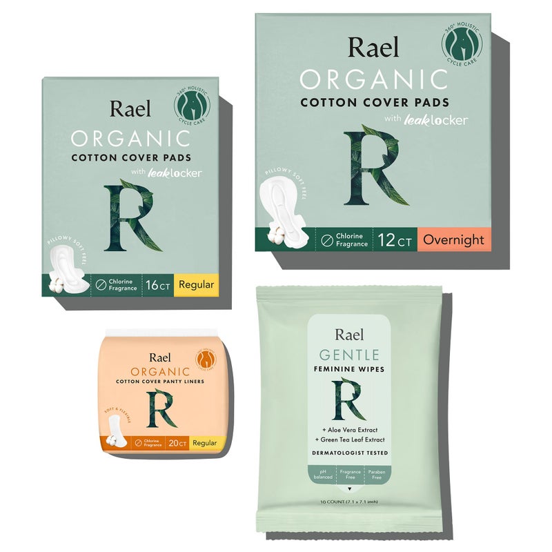 Rael Feminine Care Period Essential for Women Organic Cotton Cover Regular Overnight Pads for Women Regular Panty Liners and Feminine Wipes - Image 2