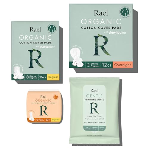 Rael Feminine Care Period Essential for Women Organic Cotton Cover Regular Overnight Pads for Women Regular Panty Liners and Feminine Wipes - Image 1