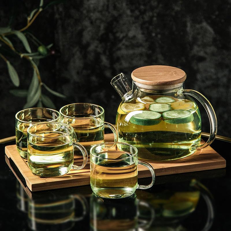 Bellemax Glass Kettle 1 Teapot Bamboo Lid with 1 Wooden Tray and 4 Tea Cup Tableware Serving Set Heat-Resistant Glass Hot Water Flower Brewed Loose Leaf Tea Filter Spout- Set (BX-08) - Image 1