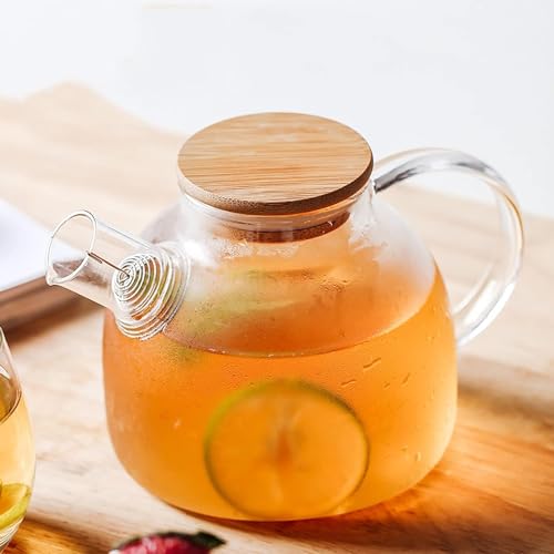Bellemax Glass Kettle 1 Teapot Bamboo Lid with 1 Wooden Tray and 4 Tea Cup Tableware Serving Set Heat-Resistant Glass Hot Water Flower Brewed Loose Leaf Tea Filter Spout- Set (BX-08) - Image 3