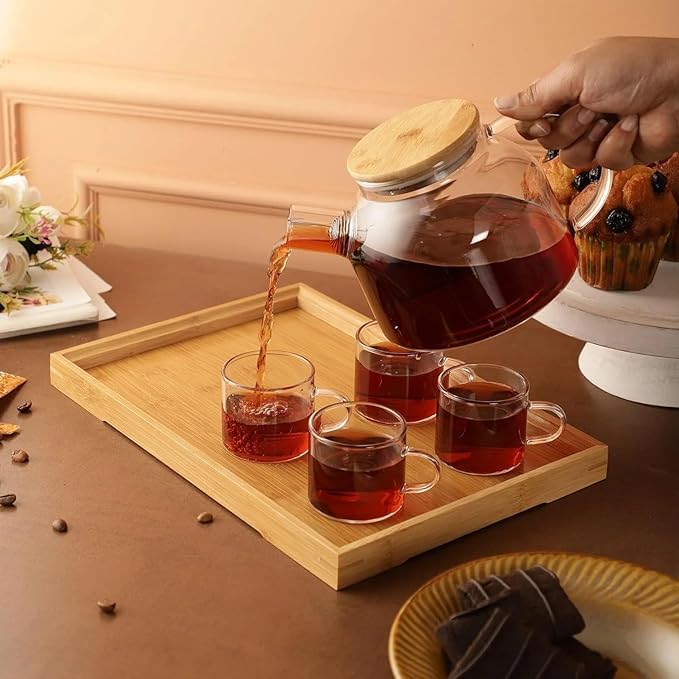 Bellemax Glass Kettle 1 Teapot Bamboo Lid with 1 Wooden Tray and 4 Tea Cup Tableware Serving Set Heat-Resistant Glass Hot Water Flower Brewed Loose Leaf Tea Filter Spout- Set (BX-08) - Image 4
