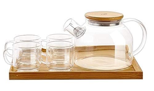 Bellemax Glass Kettle 1 Teapot Bamboo Lid with 1 Wooden Tray and 4 Tea Cup Tableware Serving Set Heat-Resistant Glass Hot Water Flower Brewed Loose Leaf Tea Filter Spout- Set (BX-08) - Image 2