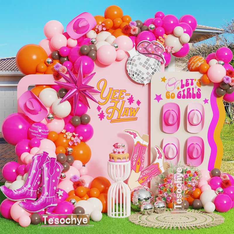 Disco Cowgirl Balloon Arch Kit with Boot Balloons 143Pcs Hot Pink Rose Red White Sand Balloons for Make Up Birthday Retro Horse Rodeo Party Decorations Last Rodeo Bachelorette Backdrop