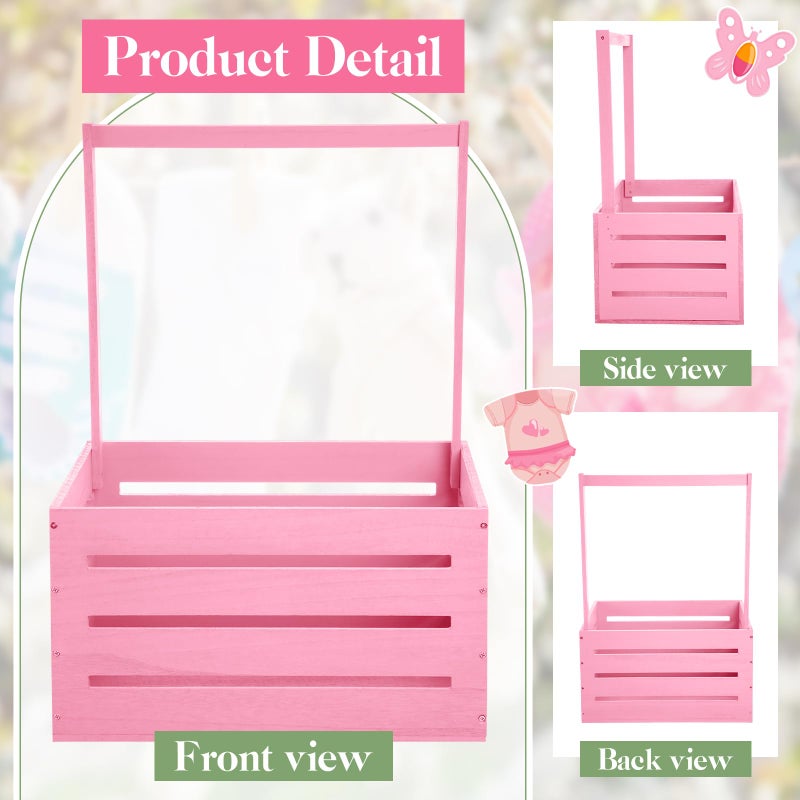 Barydat Large Wooden Baby Shower Crate Closet with Handle and Garland, 17.7inch Baby Shower Basket for Newborn Girl Boys Gifts Pregnancy New Parent(Pink) - Image 2