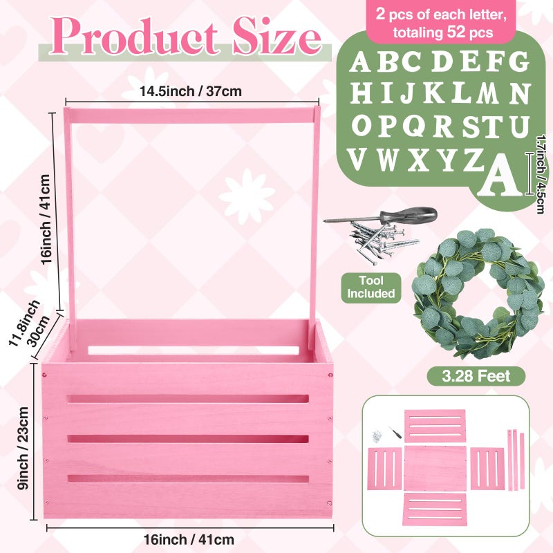 Barydat Large Wooden Baby Shower Crate Closet with Handle and Garland, 17.7inch Baby Shower Basket for Newborn Girl Boys Gifts Pregnancy New Parent(Pink) - Image 4