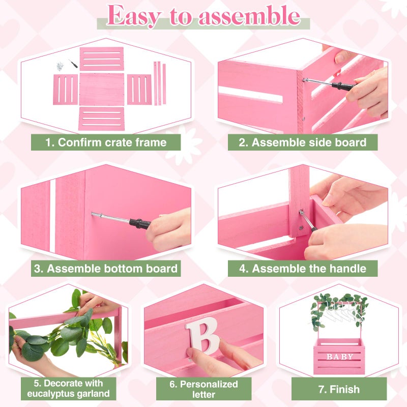 Barydat Large Wooden Baby Shower Crate Closet with Handle and Garland, 17.7inch Baby Shower Basket for Newborn Girl Boys Gifts Pregnancy New Parent(Pink) - Image 3