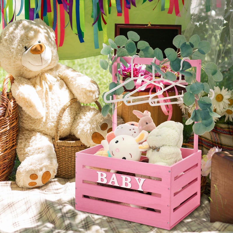 Barydat Large Wooden Baby Shower Crate Closet with Handle and Garland, 17.7inch Baby Shower Basket for Newborn Girl Boys Gifts Pregnancy New Parent(Pink) - Image 5