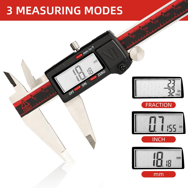 VINCA IP54 Grade Digital Caliper, DCLA-0805 8 Inch/200mm, Inch/Millimeter/Fractions Conversion, Stainless Steel, Large LCD Screen - Image 2
