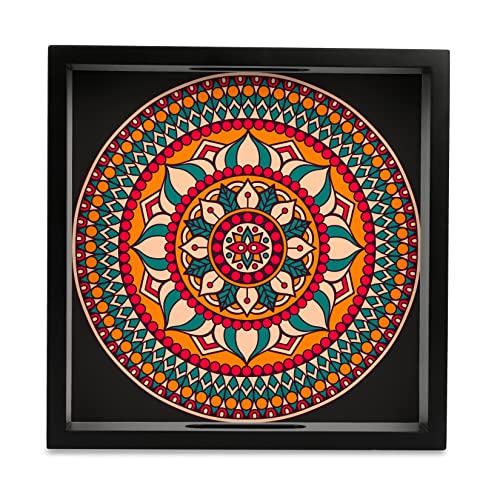 BRAHMA DESIGN Serving Tray | Red Mandala Design with Black Border | Square 9" x 9" Wooden Tray for Serving | Tray for Decoration with Cut-Out Handles - Image 1