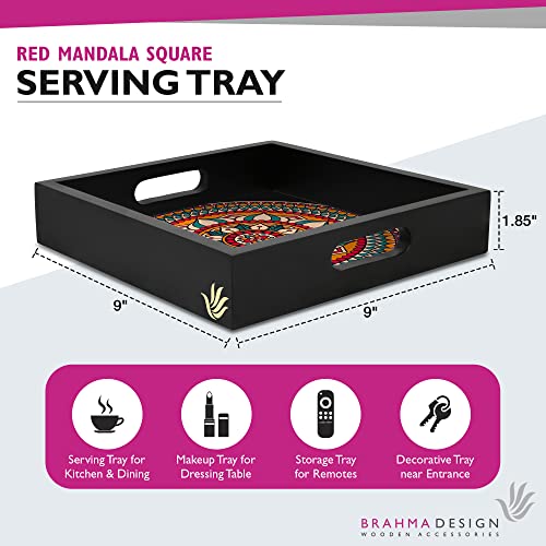 BRAHMA DESIGN Serving Tray | Red Mandala Design with Black Border | Square 9" x 9" Wooden Tray for Serving | Tray for Decoration with Cut-Out Handles - Image 2