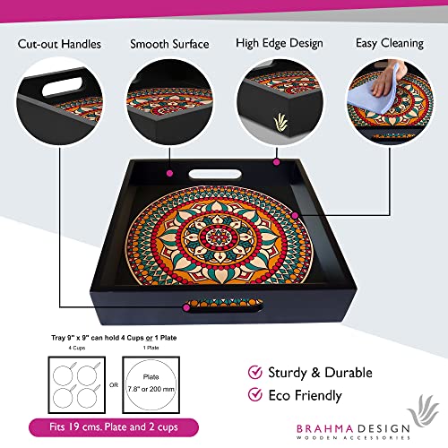 BRAHMA DESIGN Serving Tray | Red Mandala Design with Black Border | Square 9" x 9" Wooden Tray for Serving | Tray for Decoration with Cut-Out Handles - Image 3