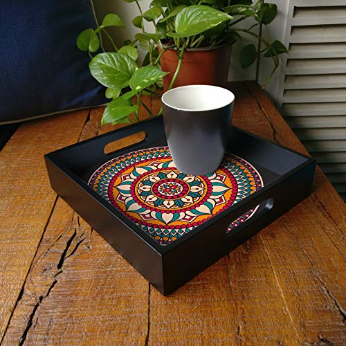 BRAHMA DESIGN Serving Tray | Red Mandala Design with Black Border | Square 9" x 9" Wooden Tray for Serving | Tray for Decoration with Cut-Out Handles - Image 5