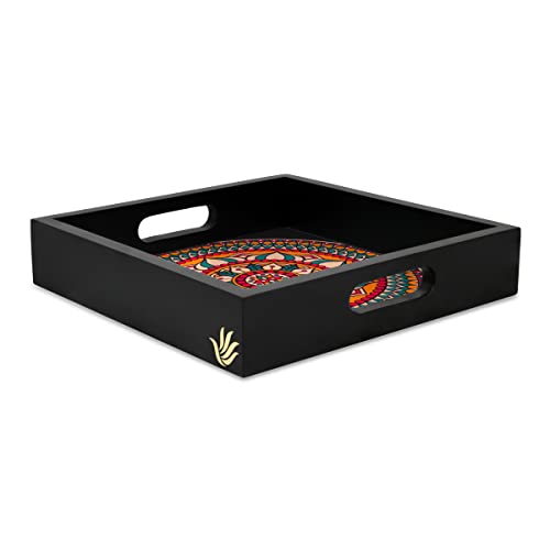BRAHMA DESIGN Serving Tray | Red Mandala Design with Black Border | Square 9" x 9" Wooden Tray for Serving | Tray for Decoration with Cut-Out Handles - Image 4