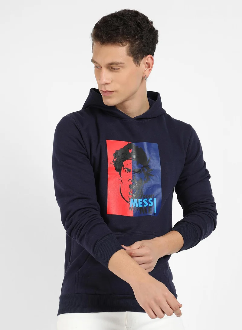 Campus Sutra Men's Navy Blue Messi Hoodie With Kangaroo Pocket
