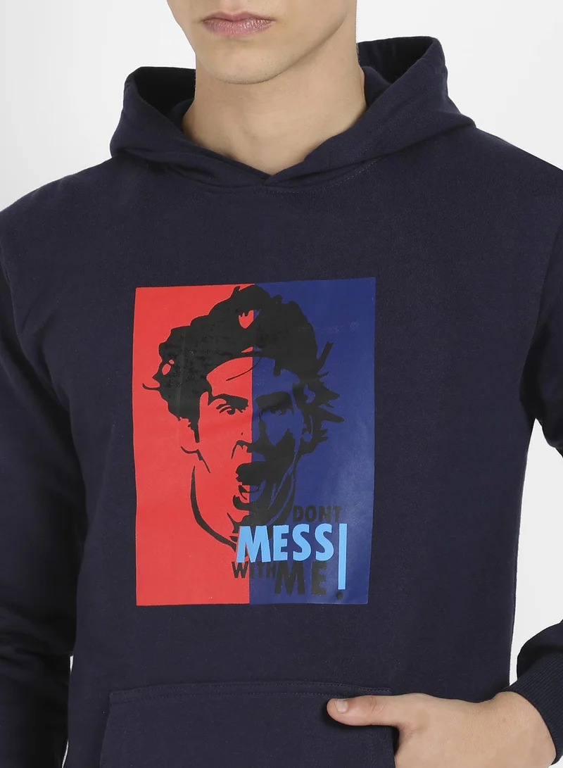 Campus Sutra Men's Navy Blue Messi Hoodie With Kangaroo Pocket