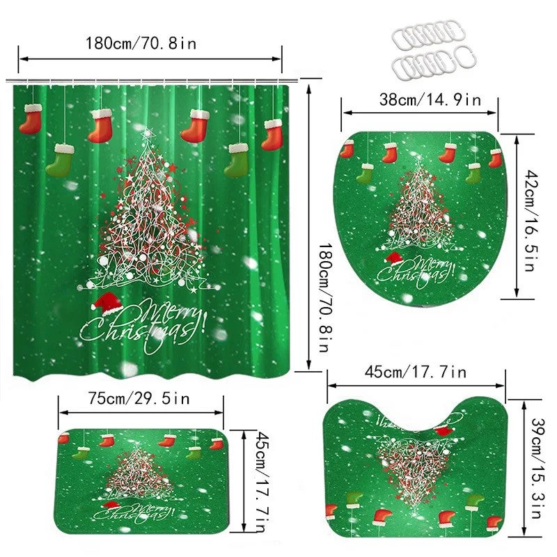 Y&D Christmas Decorations Four-Piece Bathroom Set Absorbent Door Mat Shower Curtain Floor Mat Printed New Year Design for Bedroom - Image 4