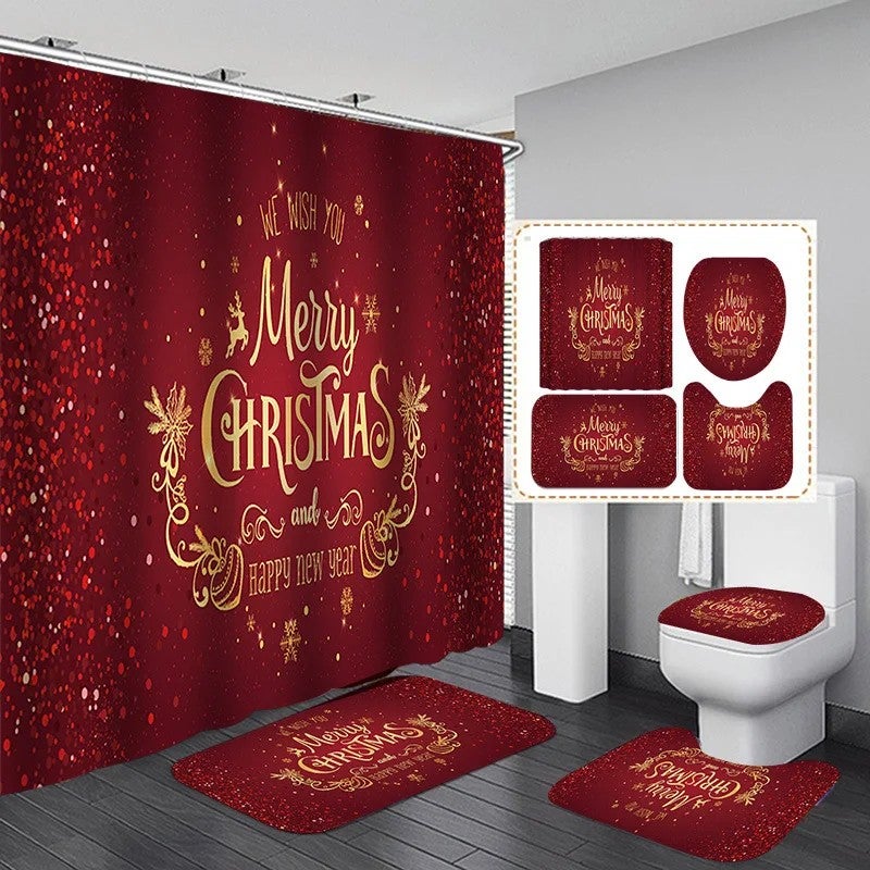 Y&D Christmas Decorations Four-Piece Bathroom Set Absorbent Door Mat Shower Curtain Floor Mat Printed New Year Design for Bedroom - Image 1
