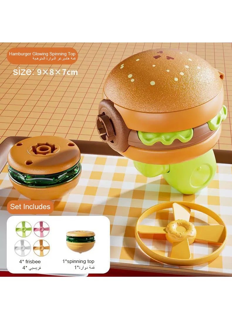 2-in-1 Hamburger Glowing Spinning Battling Top , UFO Flying Saucer Indoor and Outdoor Frisbee Spinning Toy, Launcher Game Gun Battle Toy for Boys and Girls - Image 1