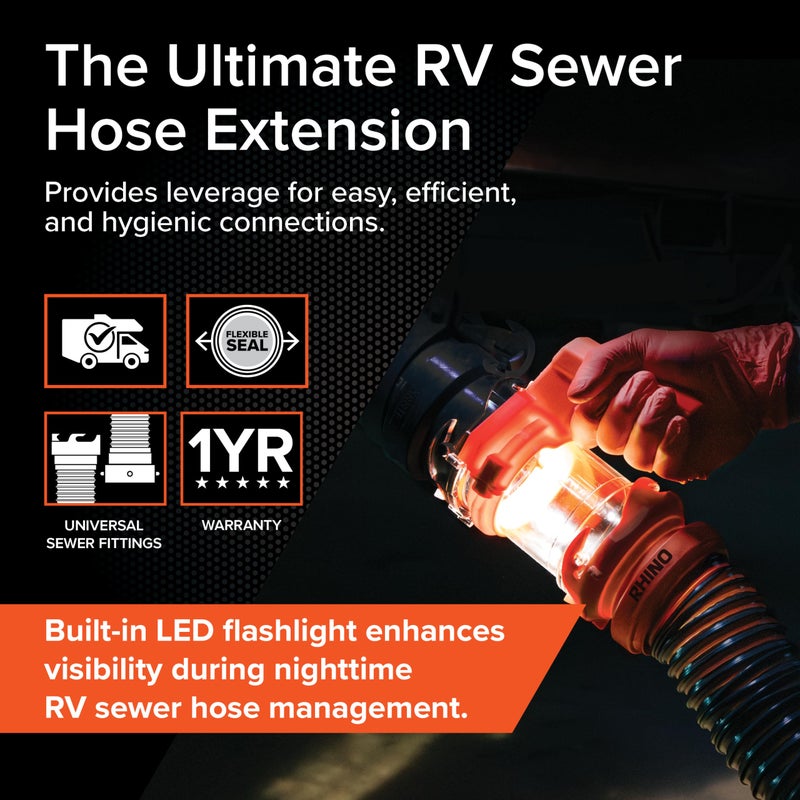 Camco Rhino RV Sewer Hose Extender PRO â€“ 5â€³ Sewer Hose Extension â€” Torque-Grip Handle with Built-in LED Flashlight â€” The Easiest Way to Connect Your RV Sewer Hose (39570) - Image 3