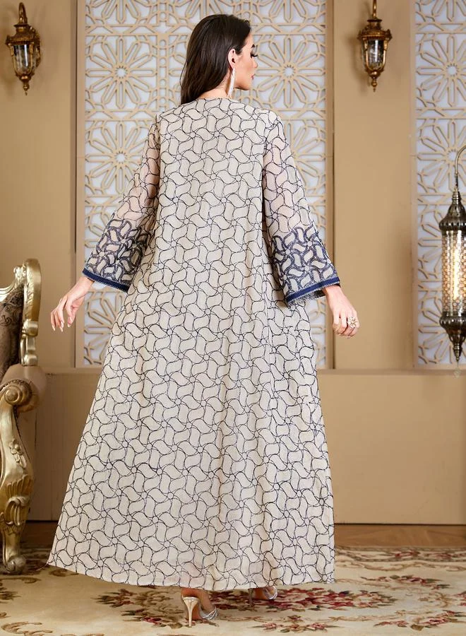تايك تو Beige A-Line Maxi Jalabiya with Navy Blue Embroidery