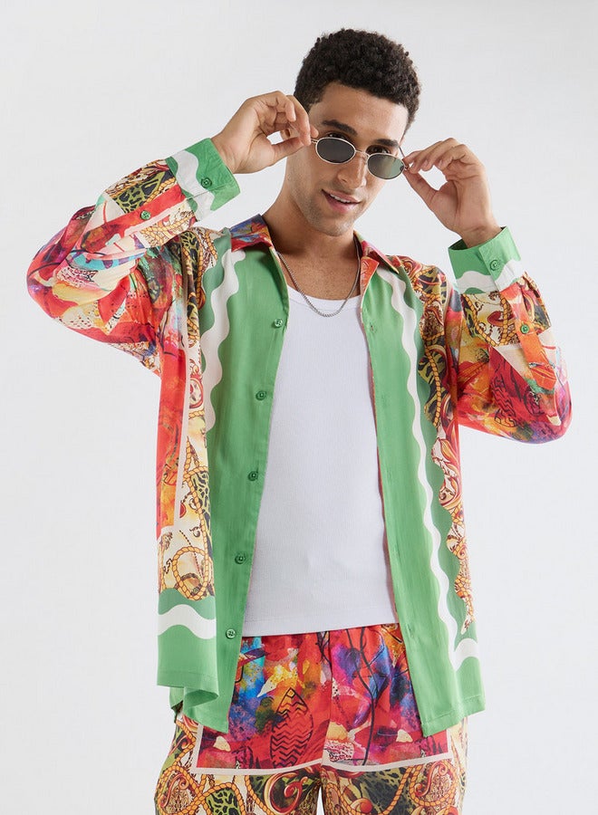 سبلاش فيڤ قميص بياقة كامب وأكمام طويلة وقصة عادية وطبعات - Image 1