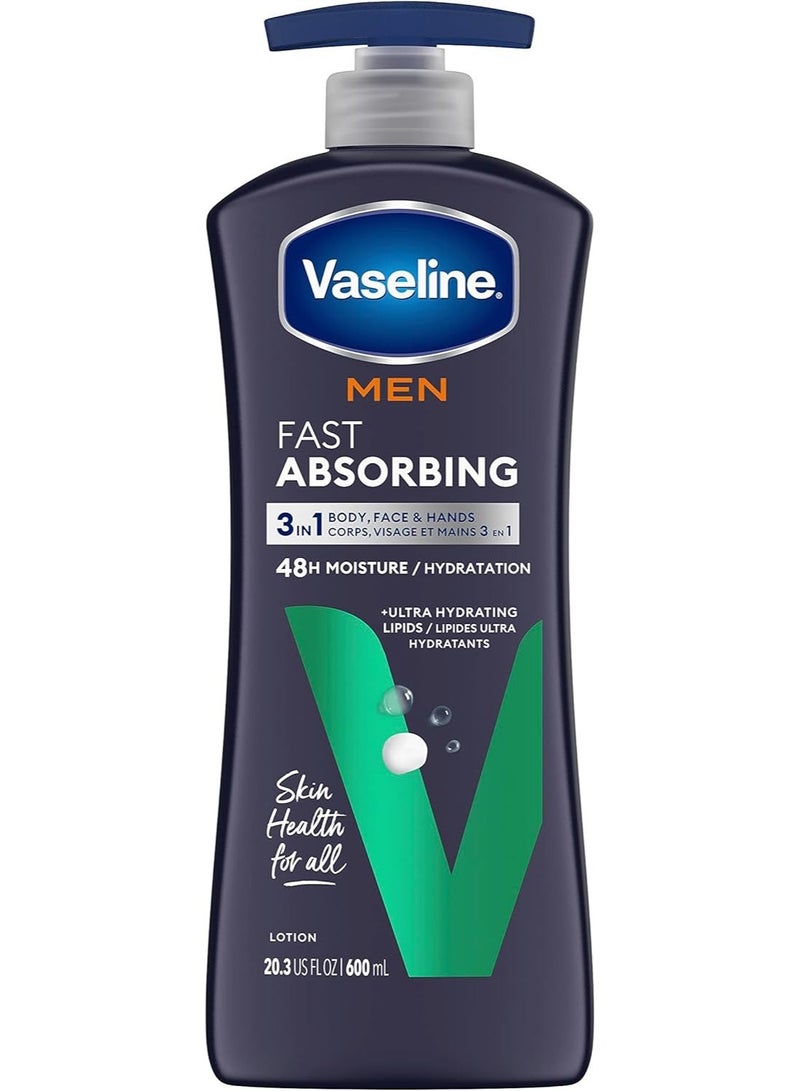 Vaseline Men Fast Absorbing 3 In 1 Body Face & Hands Moisturizing Lotion 48H Hydration 600ml - Image 1