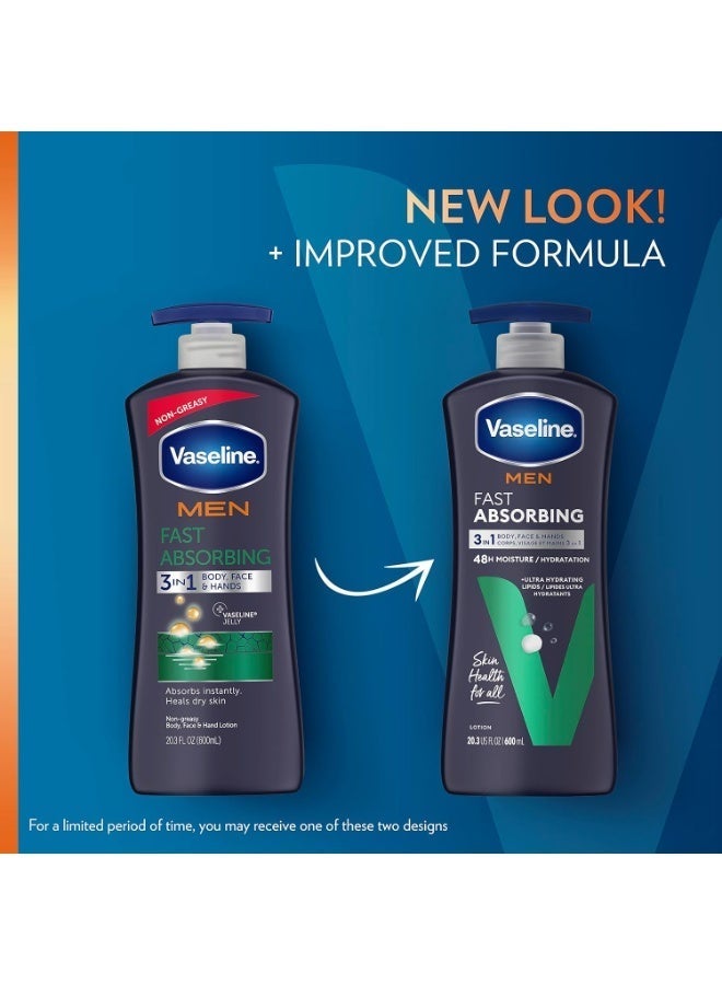 Vaseline Men Fast Absorbing 3 In 1 Body Face & Hands Moisturizing Lotion 48H Hydration 600ml - Image 2