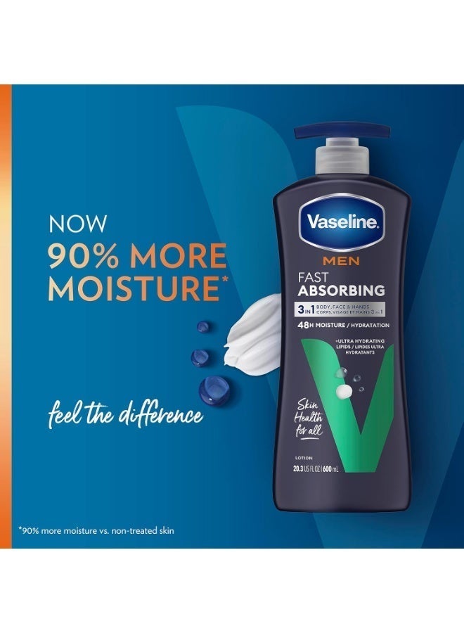 Vaseline Men Fast Absorbing 3 In 1 Body Face & Hands Moisturizing Lotion 48H Hydration 600ml - Image 3