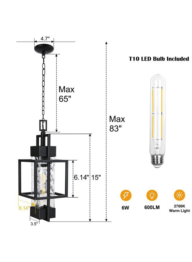 PARTPHONER 15" Outdoor Indoor Pendant Light Exterior Hanging Lantern, Modern Black Metal Outside Chandelier Light Fixture Ceiling Mount with Water Glass for Front Porch Entrance Foyer Entryway (Bulb Included) - Image 2