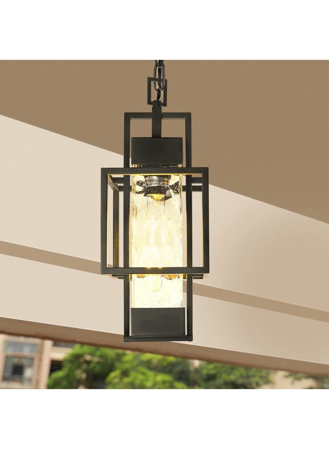 PARTPHONER 15" Outdoor Indoor Pendant Light Exterior Hanging Lantern, Modern Black Metal Outside Chandelier Light Fixture Ceiling Mount with Water Glass for Front Porch Entrance Foyer Entryway (Bulb Included) - Image 4