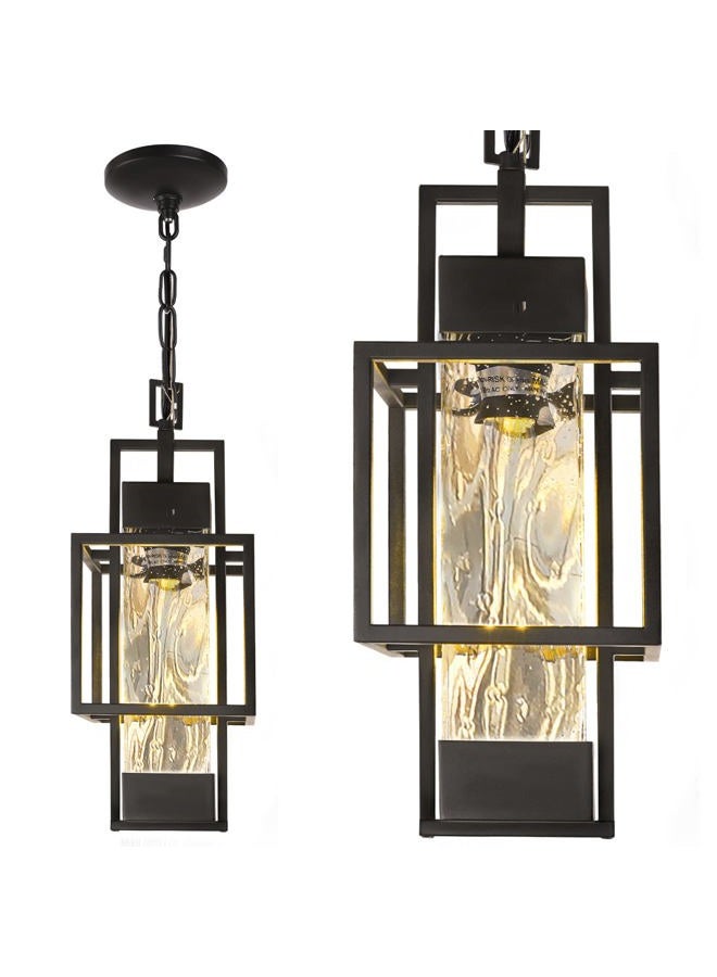 PARTPHONER 15" Outdoor Indoor Pendant Light Exterior Hanging Lantern, Modern Black Metal Outside Chandelier Light Fixture Ceiling Mount with Water Glass for Front Porch Entrance Foyer Entryway (Bulb Included) - Image 1