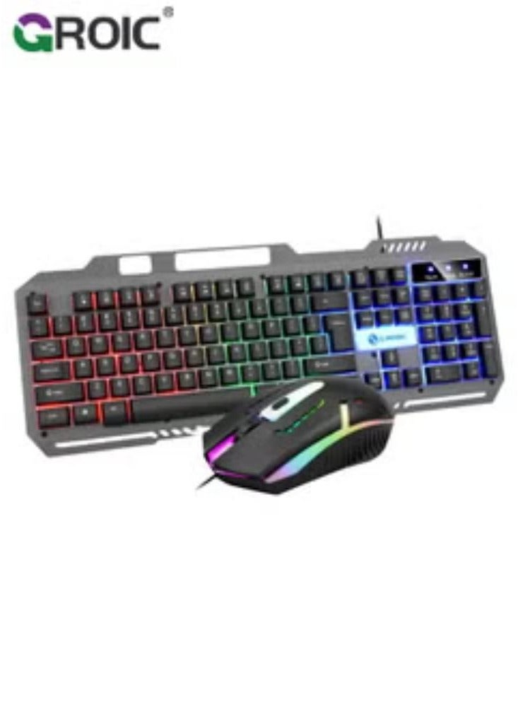 مجموعة لوحة مفاتيح وماوس للألعاب المضيئة باللون الأسود T25، مجموعة لوحة مفاتيح وماوس معدنية سلكية ذات 104 مفاتيح ميكانيكية ذات ملمس يدوي للرياضات الإلكترونية مع حامل للهاتف المحمول، لوحة مفاتيح لأجهزة الكمبيوتر التي تعمل بنظام Windows - Image 1