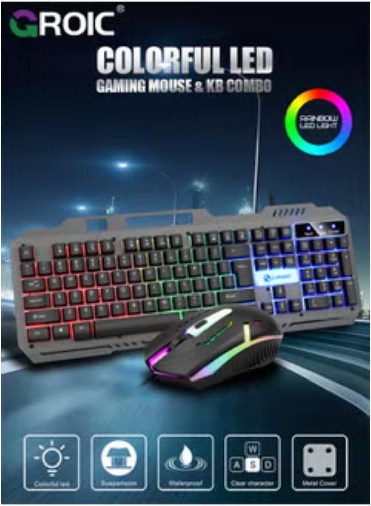 مجموعة لوحة مفاتيح وماوس للألعاب المضيئة باللون الأسود T25، مجموعة لوحة مفاتيح وماوس معدنية سلكية ذات 104 مفاتيح ميكانيكية ذات ملمس يدوي للرياضات الإلكترونية مع حامل للهاتف المحمول، لوحة مفاتيح لأجهزة الكمبيوتر التي تعمل بنظام Windows - Image 2