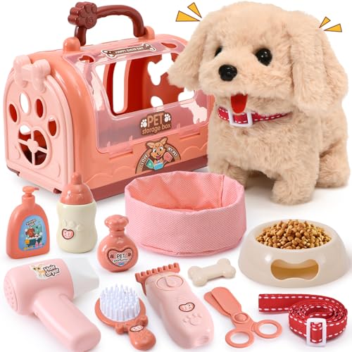 Golray Dog Toys for Kids Girls Electronic Interactive Walking Barking Dog with 12 Pcs Carrier  Accessories Toddler Girl Toy Dog Puppy Pet Care Pretend Play Set Birthday Gift for Little Girl 3 4 5 6 - Image 1
